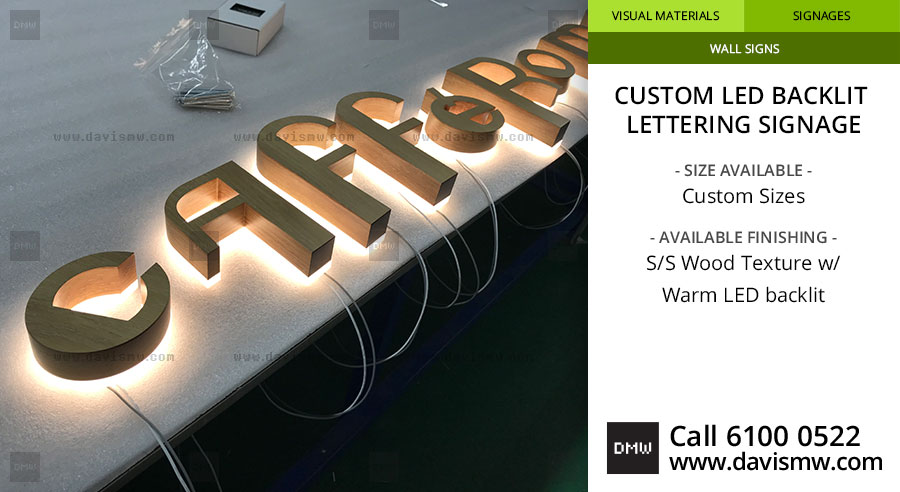 Custom LED Backlit Lettering Signage - SS Wood Texture with Warm LED - Davis Materialworks