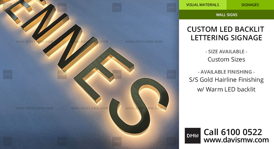 Custom LED Backlit Lettering Signage - SS Gold Hairline Finishing with Warm LED - Davis Materialworks