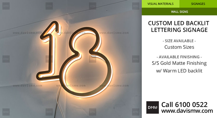 Custom LED Backlit Lettering Signage - SS Gold Matte Finishing with Warm LED - Davis Materialworks
