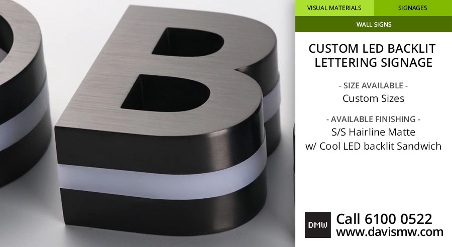 Custom LED Backlit Lettering Signage - SS Hairline Matte with Cool LED - Davis Materialworks